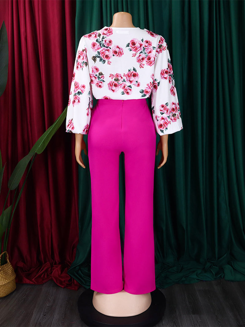 Elegant Rose Print Blouse And Wide Leg Pants Set