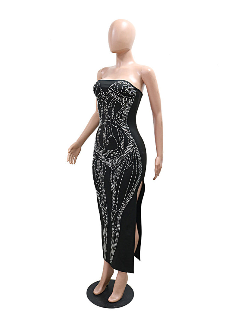 Rhinestone Nightclub Strapless Maxi Dress