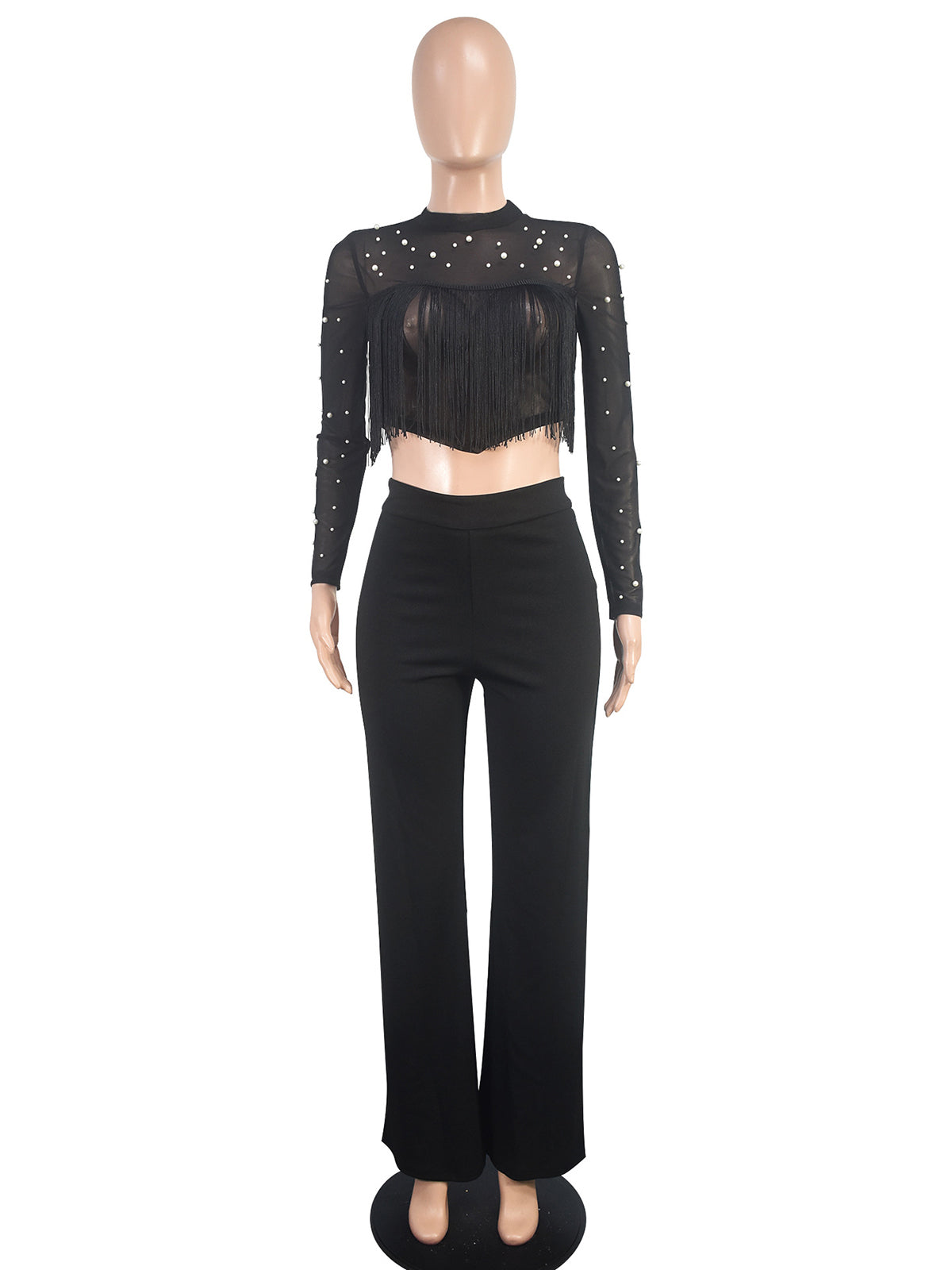 See Through Beading Fringe Cropped Pant Sets