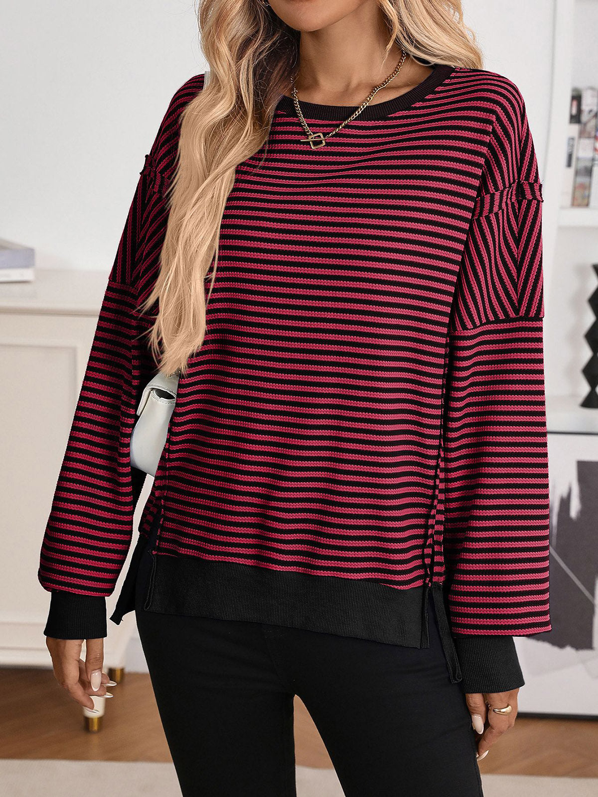Casual Round Neck Stripe Contrast Sweatshirt