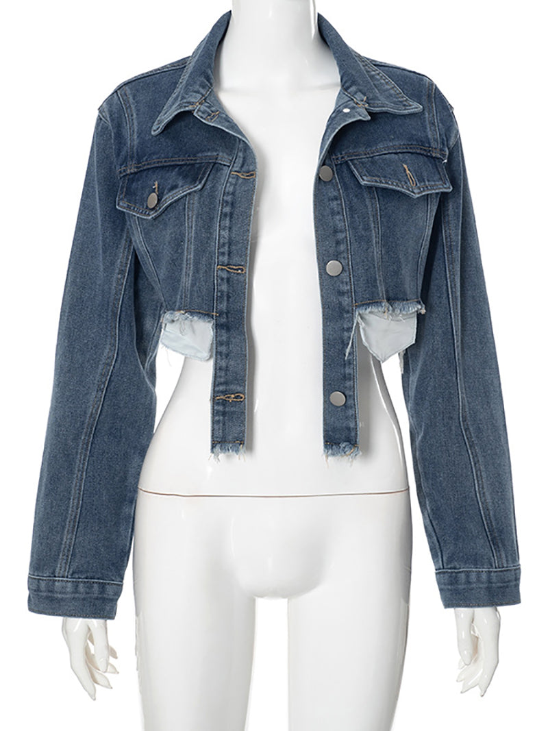 Casual Long Sleeve Cropped Denim Jacket