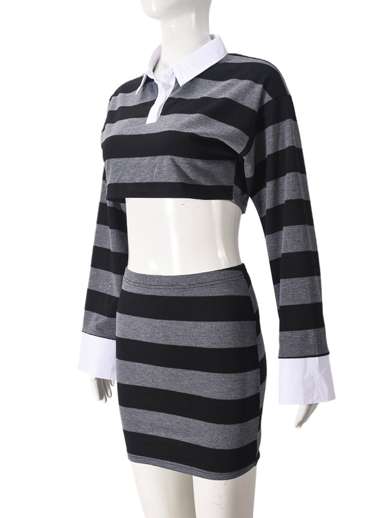 Fashion Striped Cropped Top Mini Skirt Sets