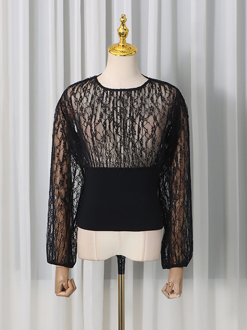 Fashion Long Sleeve Spliced Lace Tunic Vintage T Shirt