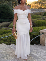 Sexy Off The Shoulder Ruched Mesh Slim Maxi Dress