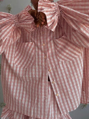 Fashion Plaid Puff Sleeve Ruffle Shirt Shorts Sets