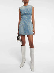 Casual Round Neck Sleeveless Frayed Mini Denim Dress