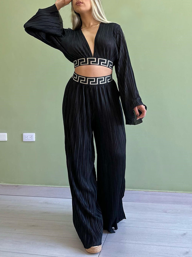 V-neck Flared Sleeve Top and Wide Leg Pants Set