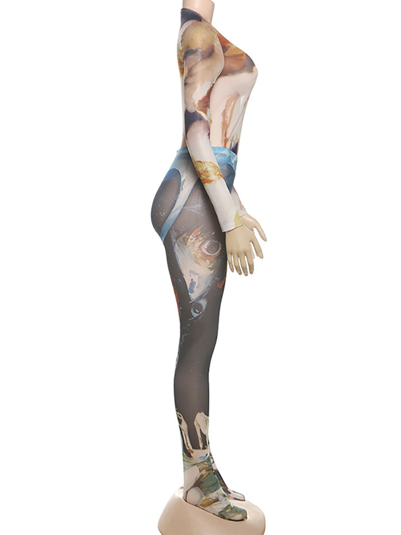 Fashion Round Neck Sheer Print Tight Pants 2 Piece Set