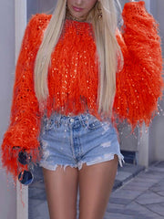 Neon Fringe Knit Casual Pullover Sweater