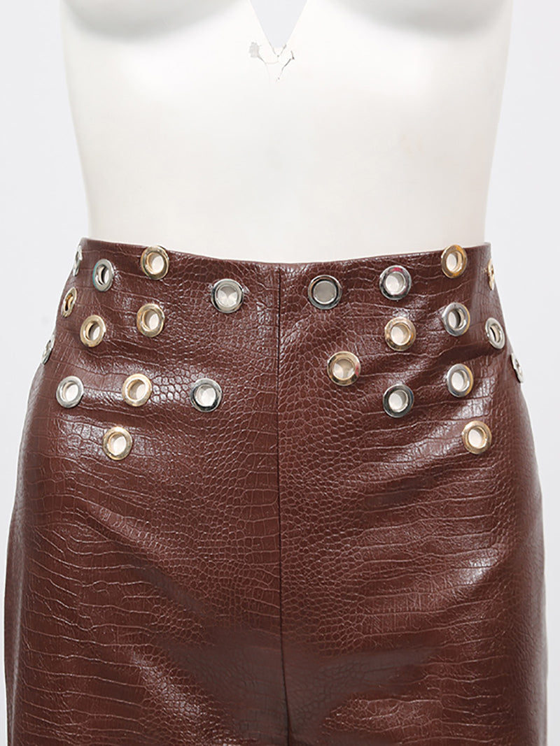 Metal Ring Patchwork PU Crop Top Wide Leg Pants Set