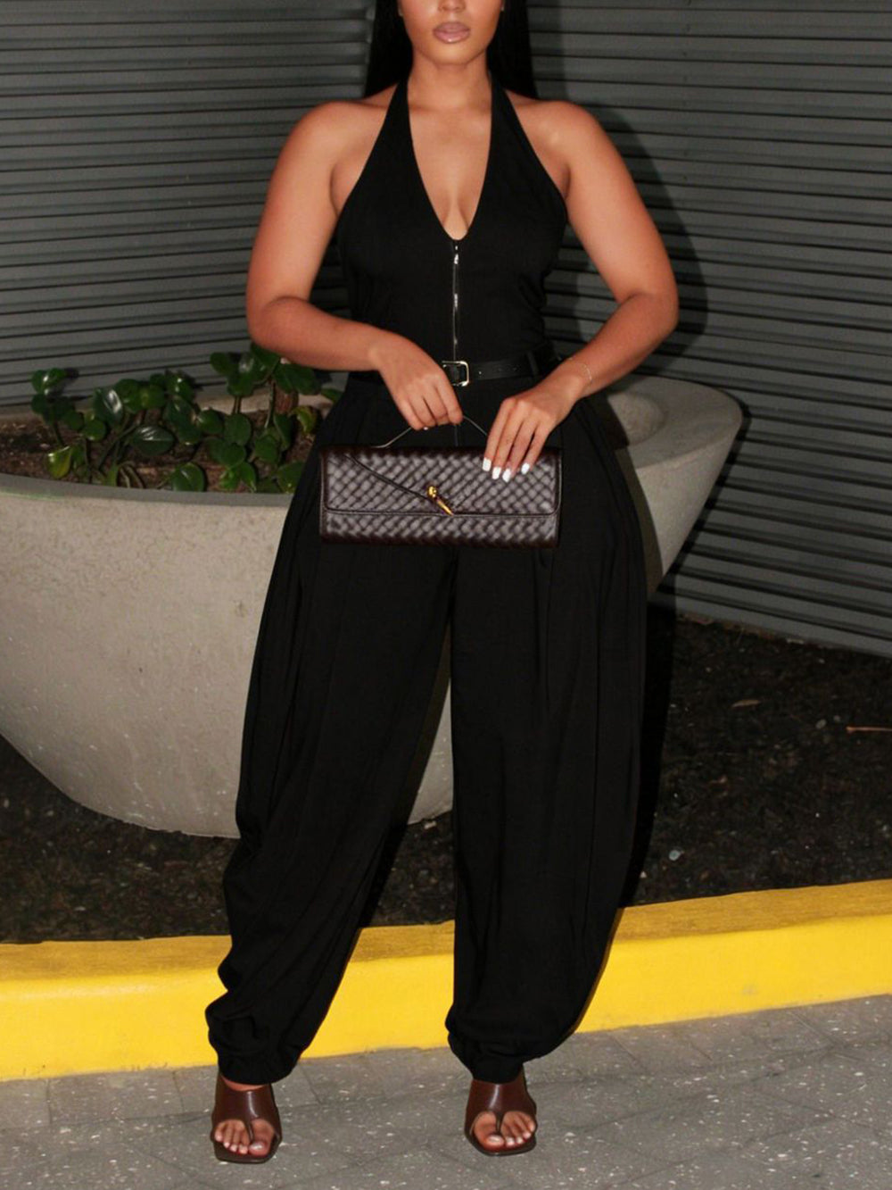 Sexy Halter Backless Zipper Loose Jumpsuit