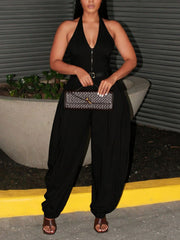 Sexy Halter Backless Zipper Loose Jumpsuit