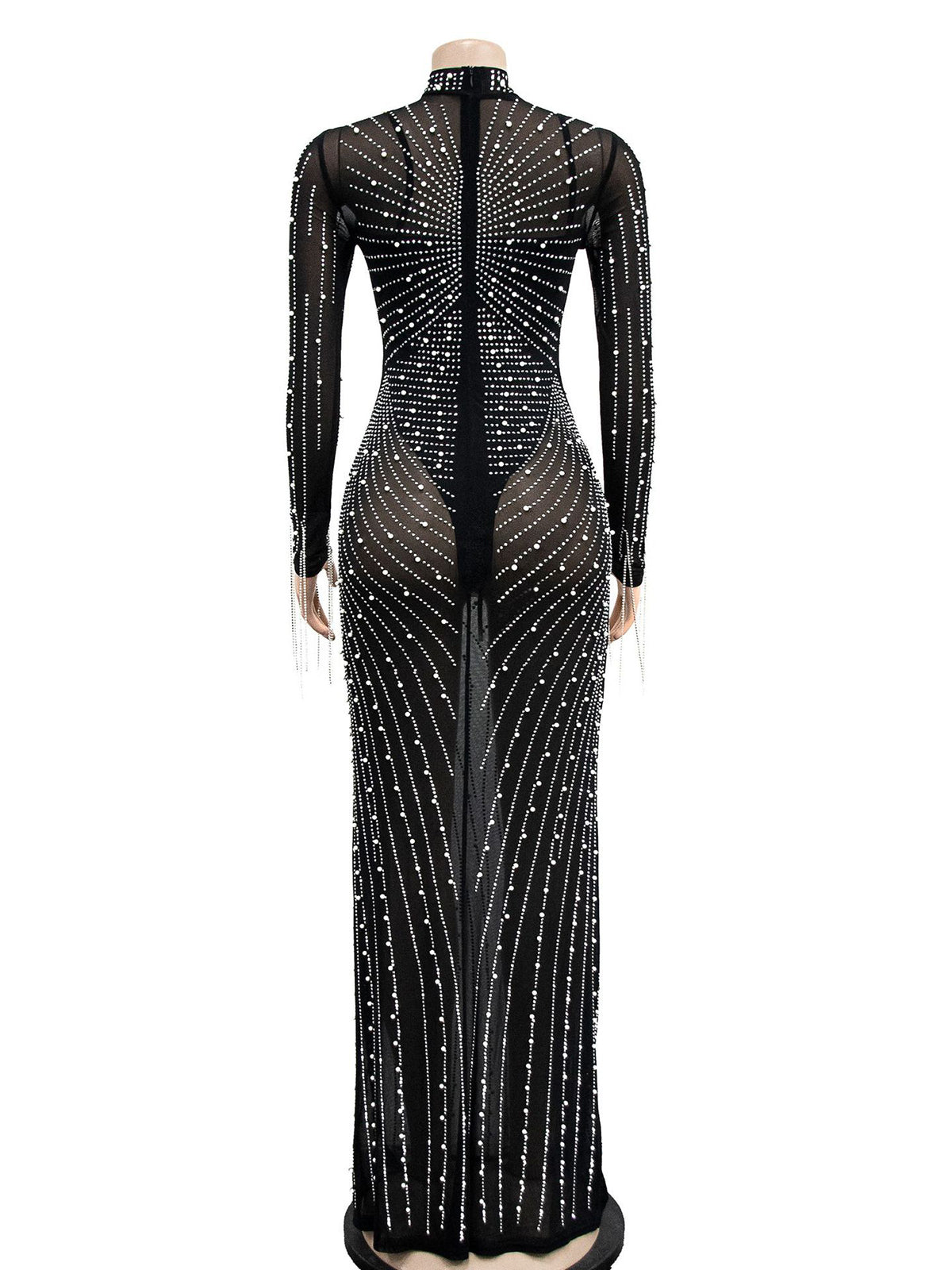 Sexy Rhinestone Mesh Maxi Dress And Bodysuit Suit