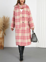 V-Neck Scarf Plaid Double-Breasted Long Coat