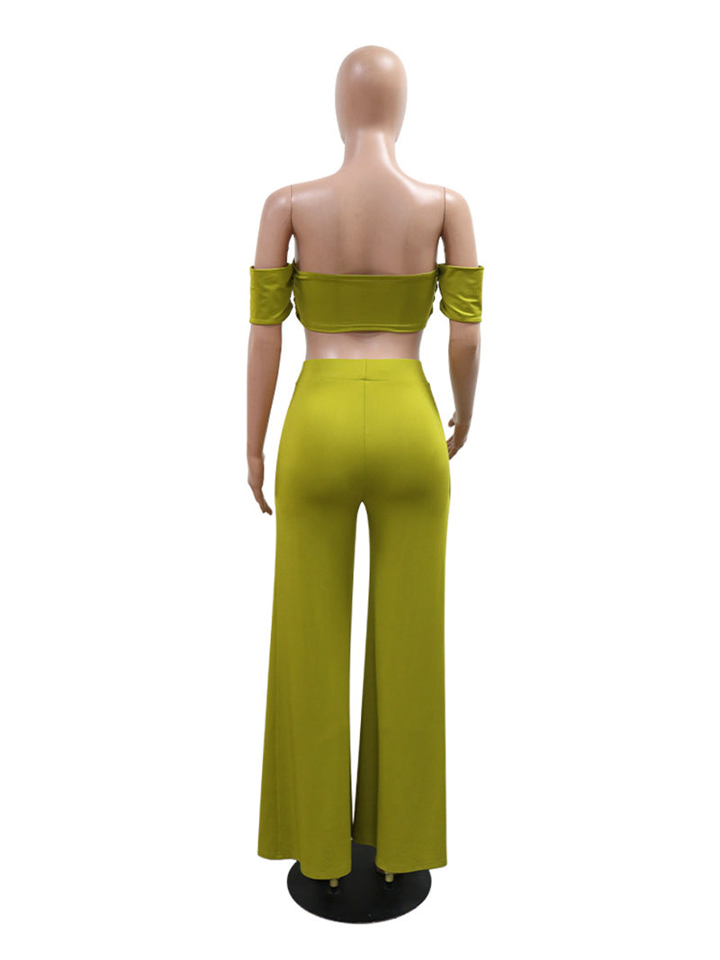 Strapless Top And Slit Wide Leg Pants Two Piece Set