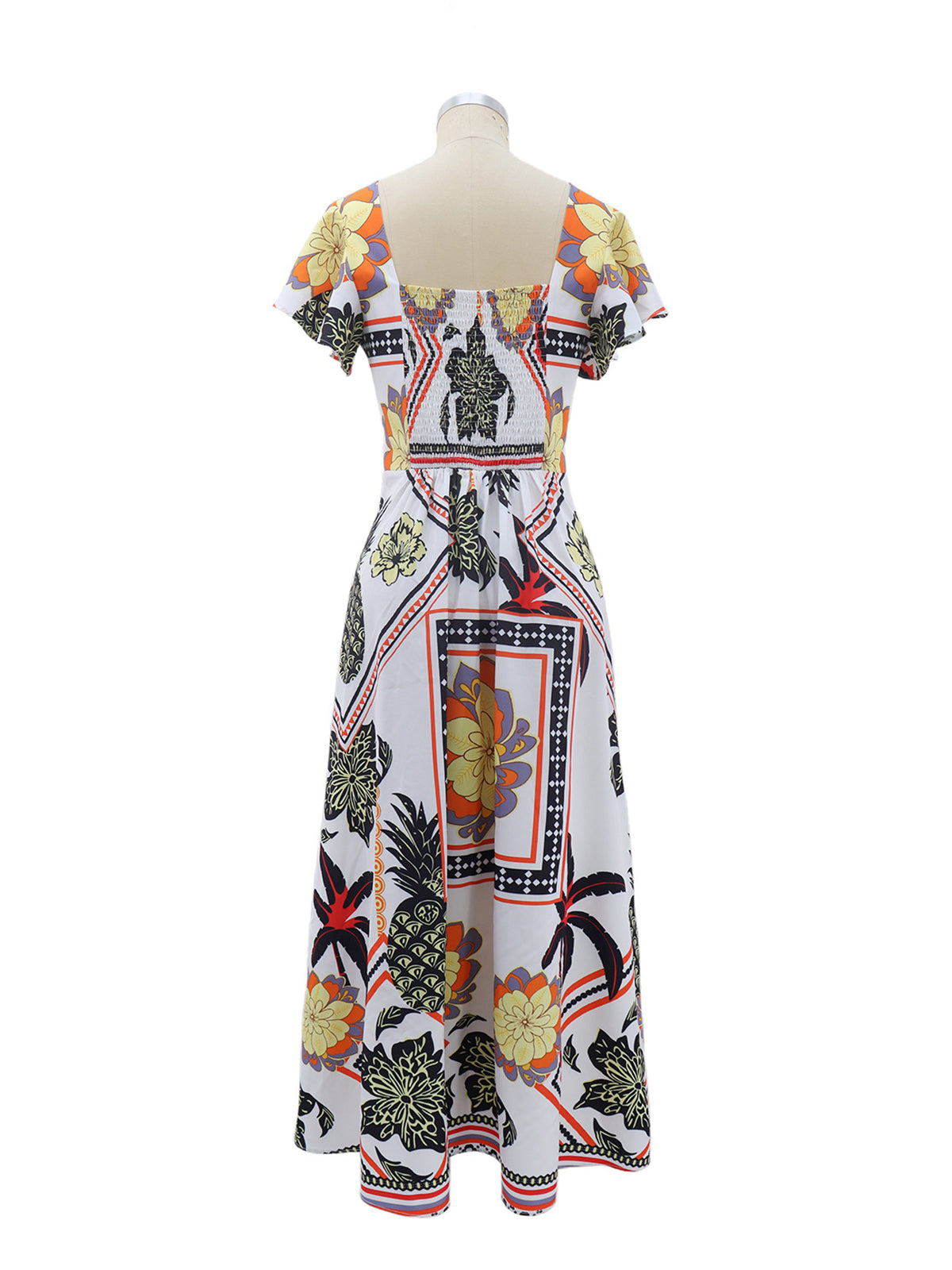 Casual V Neck Print Ruffle Sleeve High Waist Maxi Dress