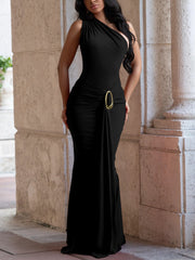 Elegant One Shoulder Metal Decor Ribbons Maxi Dress