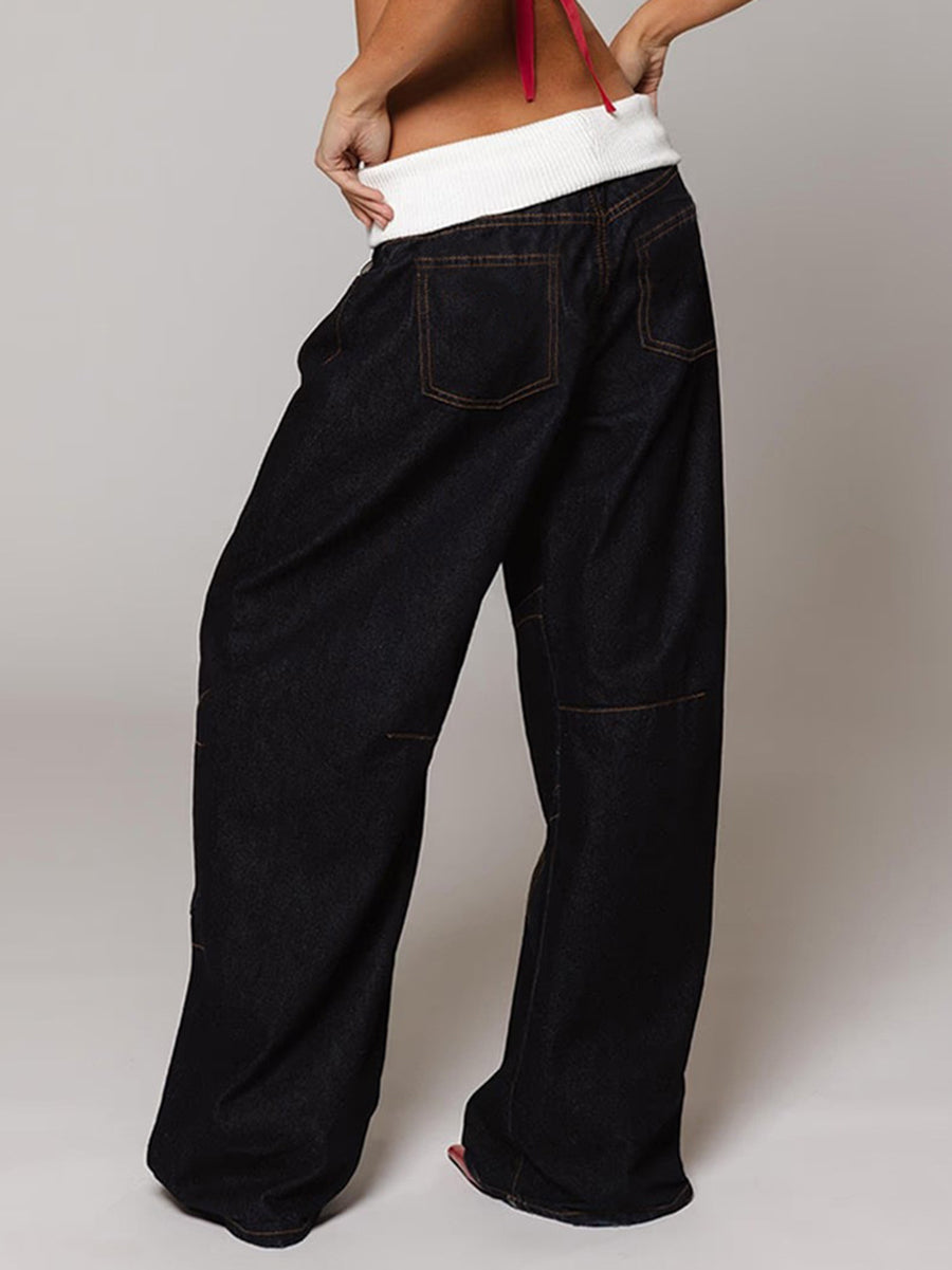 Casual Elastic Waist Patchwork Baggy Straight Jeans