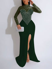 Sexy See through Rhinestone Slim High Slit Dress