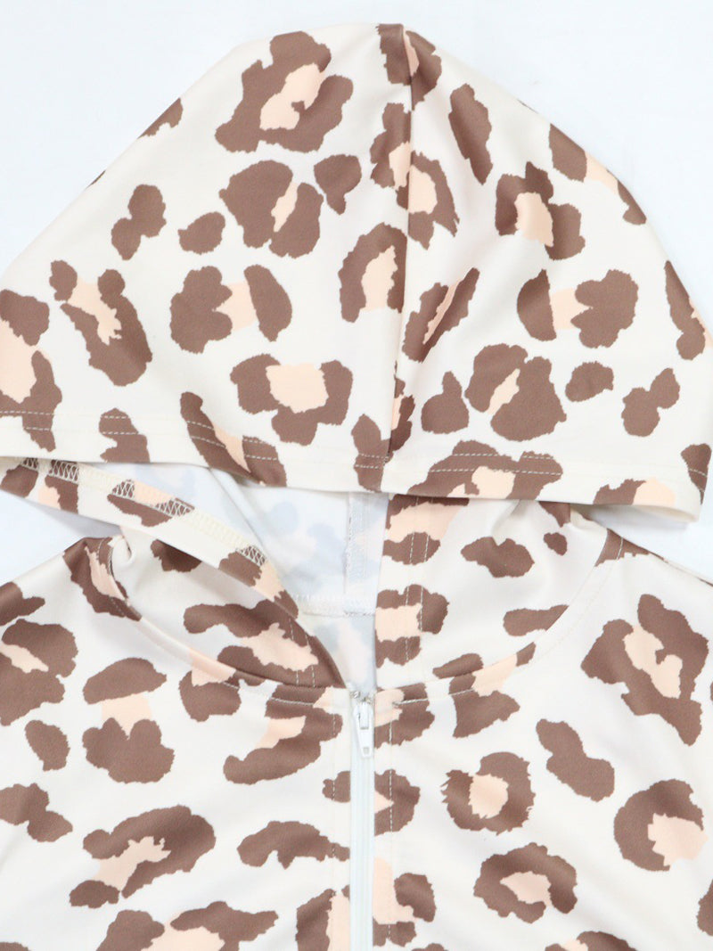 Leopard Print Zipper Hooded Top and Shorts Sets