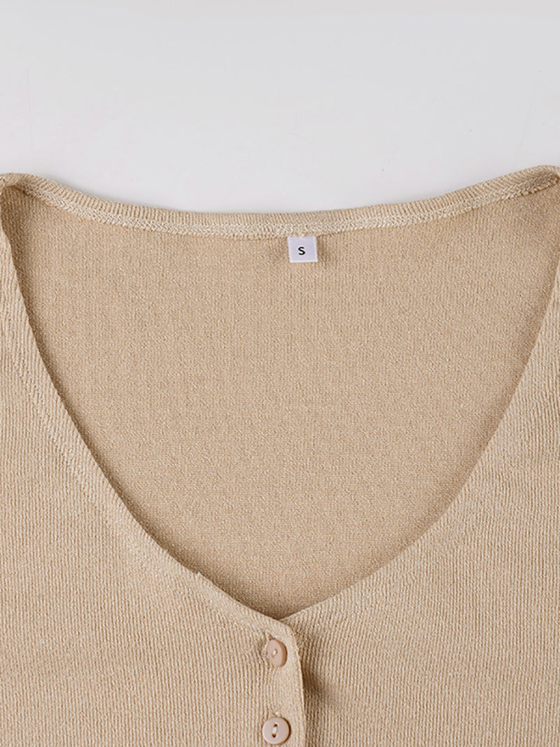 Fashion V Neck Button Down Ribbed Knit Mini Dress