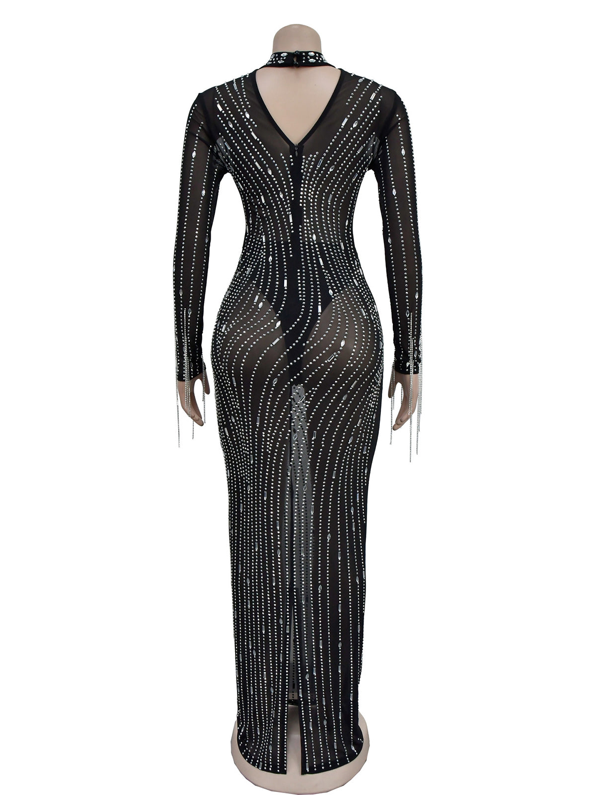 Rhinestones See Through Long Sleeves Maxi Dress