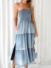 Fashion Strapless Tiered Slit Denim Dress