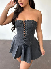 Fashion Lace-Up Strapless Denim Mini Dress