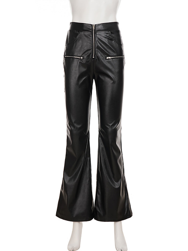 Fashion PU Leather High Waist Elastic Flared Pants