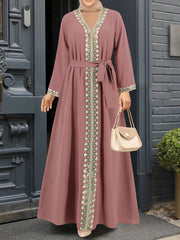 Elegant V Neck Long Sleeve Muslim Maxi Dress