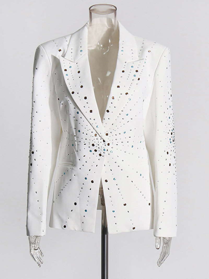 Sparkly Rhinestone White Peak Lapel Blazer