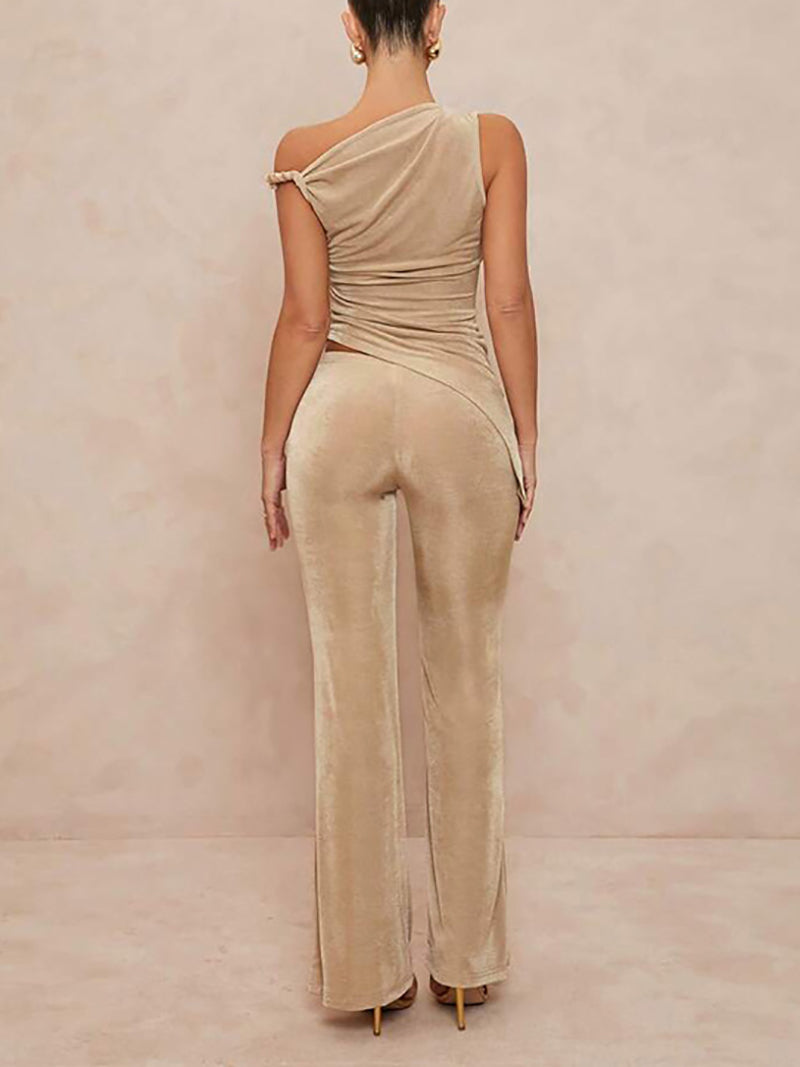 Elegant Sloping Neck Slim Top Flared Pants Sets