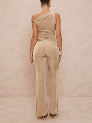 Elegant Sloping Neck Slim Top Flared Pants Sets