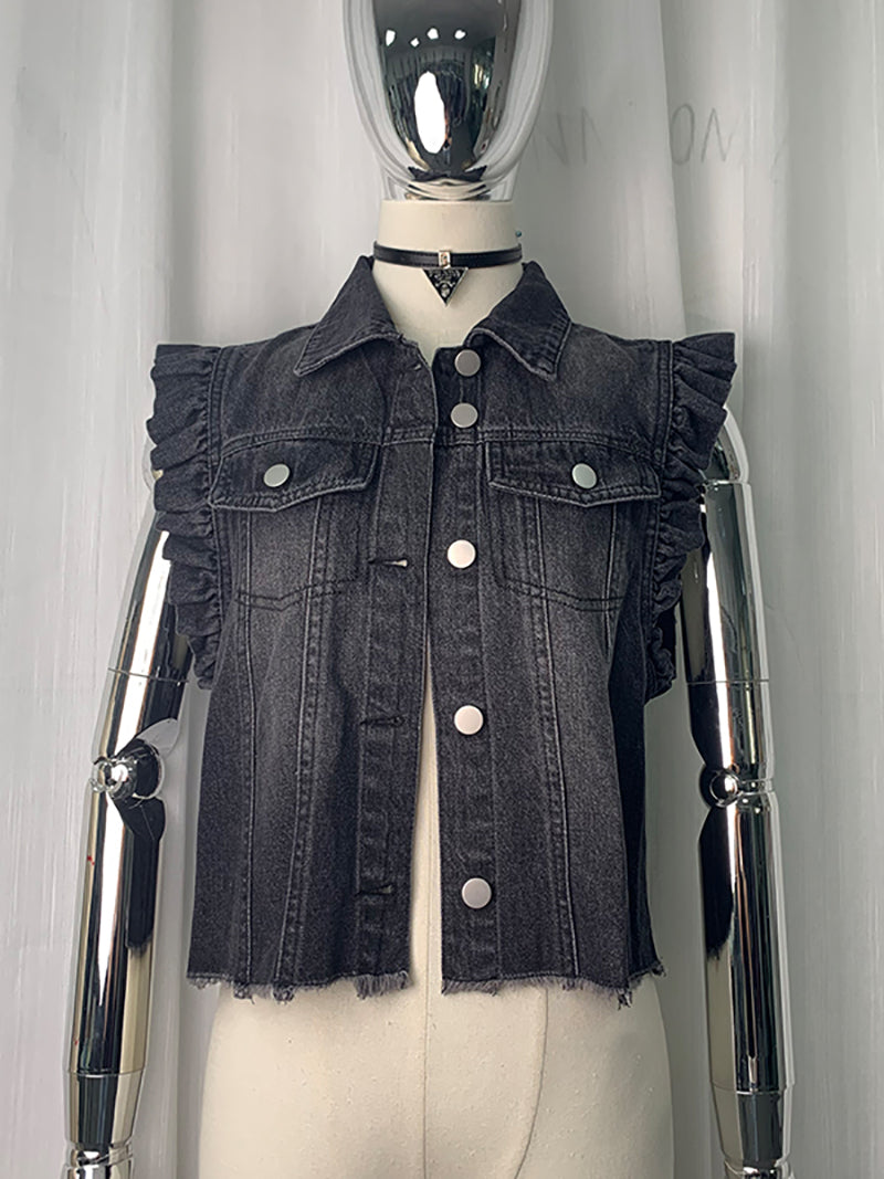 Casual Raw Hem Ruffled Cap Sleeve Denim Jacket