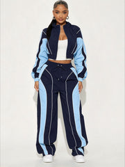 Color Block Zip Top and Straight Pants Set