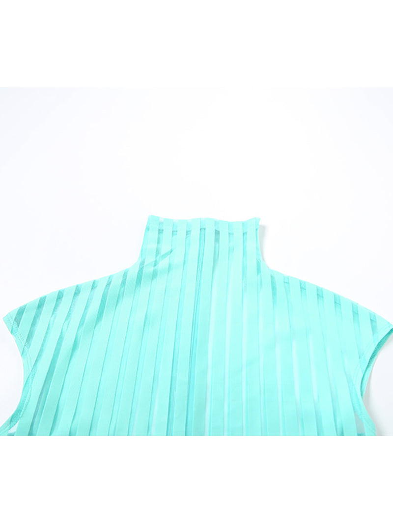 Striped High Collar Bodysuit Maxi Skirt Two Piece