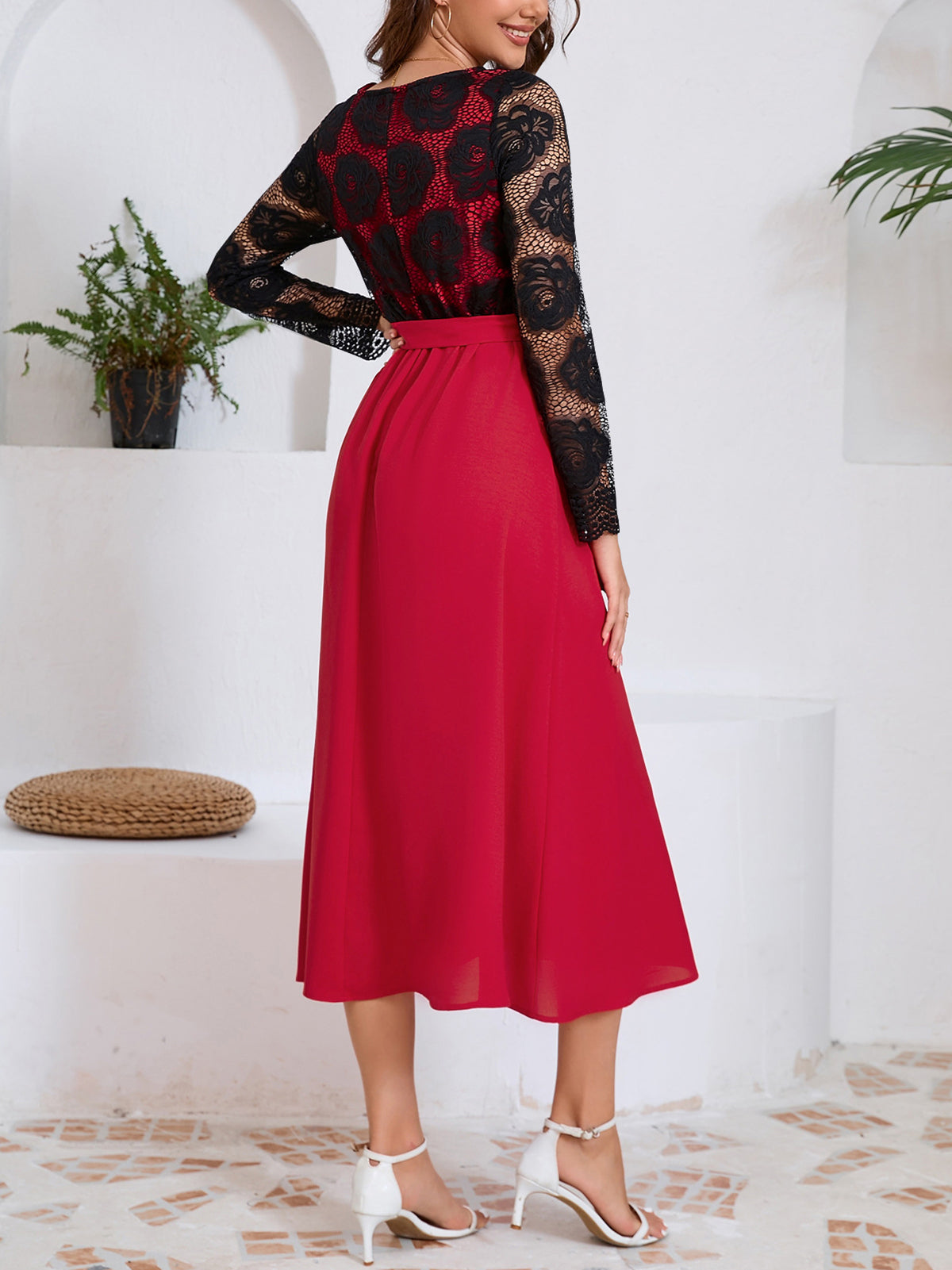 Rose Pattern Lace Long Sleeve Waist Cinch Midi Dress