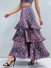 Elegant Leopard Print Tiered ruffles Maxi Skirt