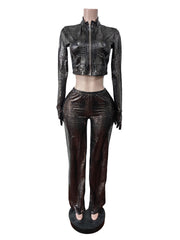 Fashion PU Leather Zipper Crop Top Pants Two Piece Set