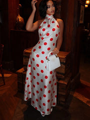Polka Dot Bow Halter Backless Dress