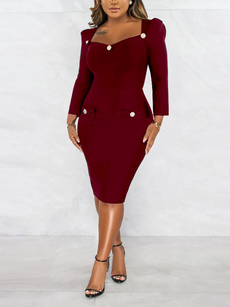 Square Neck Long Sleeve Bodycon Dress