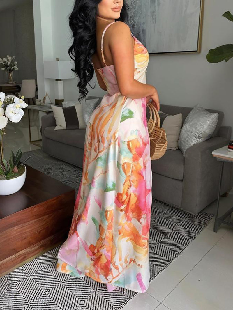 Fashion Print Lace-up Cardigan Top Wide Leg Pants Set