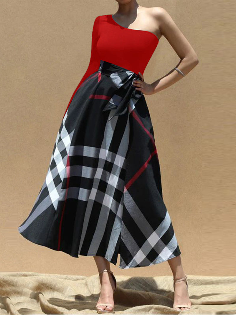 Causal One Shoulder Plaid Print High Waist Slit Dress
