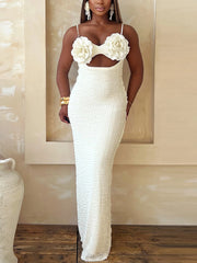 Sexy Floral Decor Hollow Bodycon Spaghetti Strap Dress