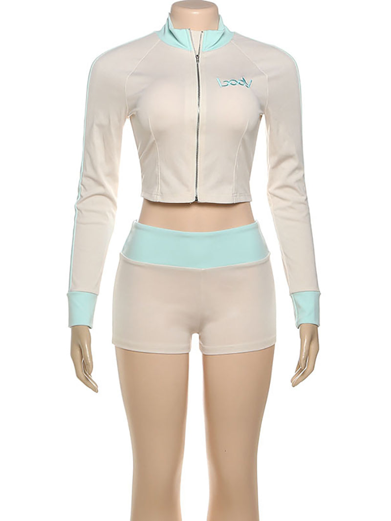 Casual Letters Zipper Embroidery Tops Shorts Sets