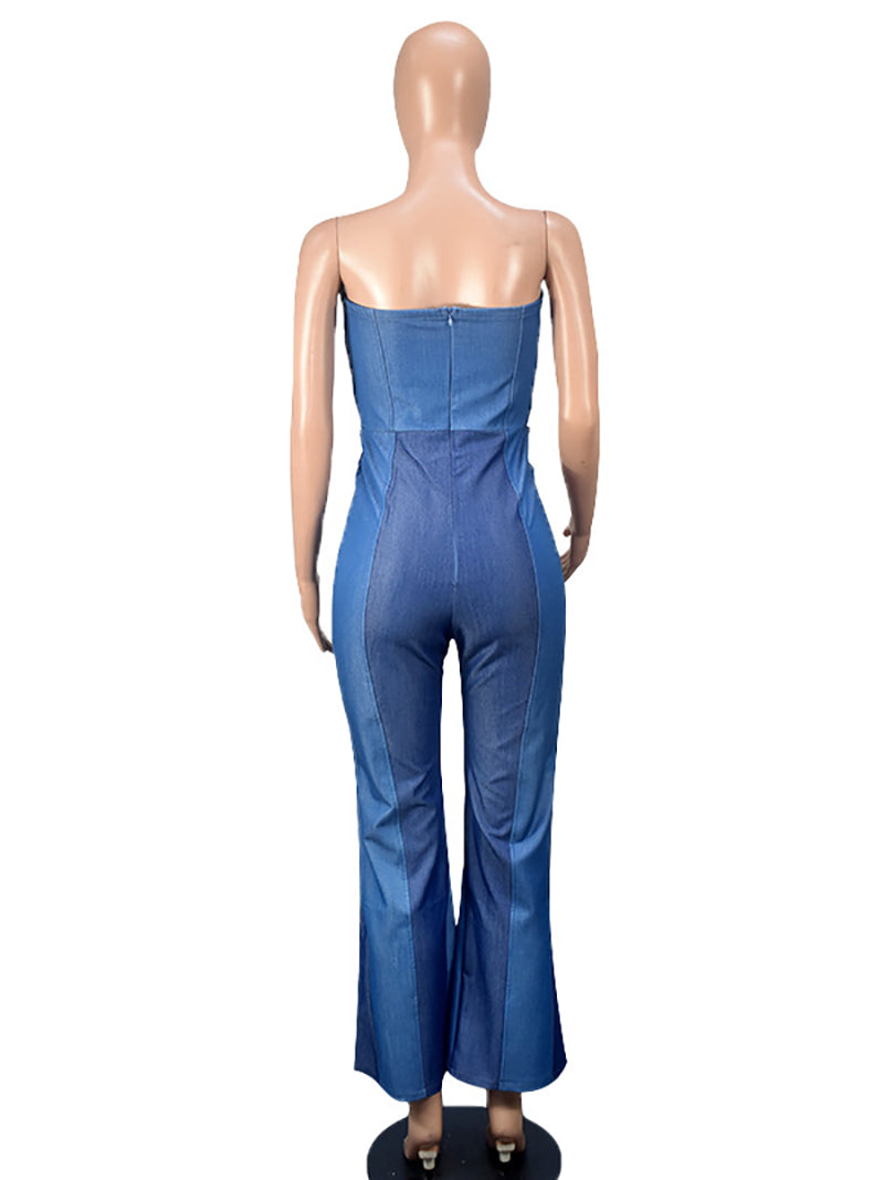 Colorblock Denim Patchwork Bandage Jumpsuit