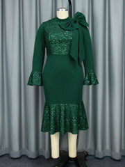 Turtleneck Bowknot Sequins Flared Cuff Slim Dress