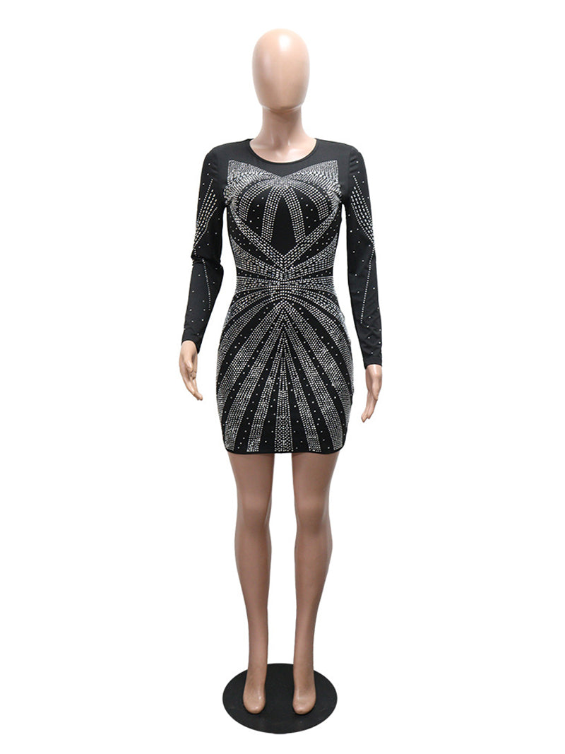 Sexy Round Neck Rhinestone Embellished Mini Dress
