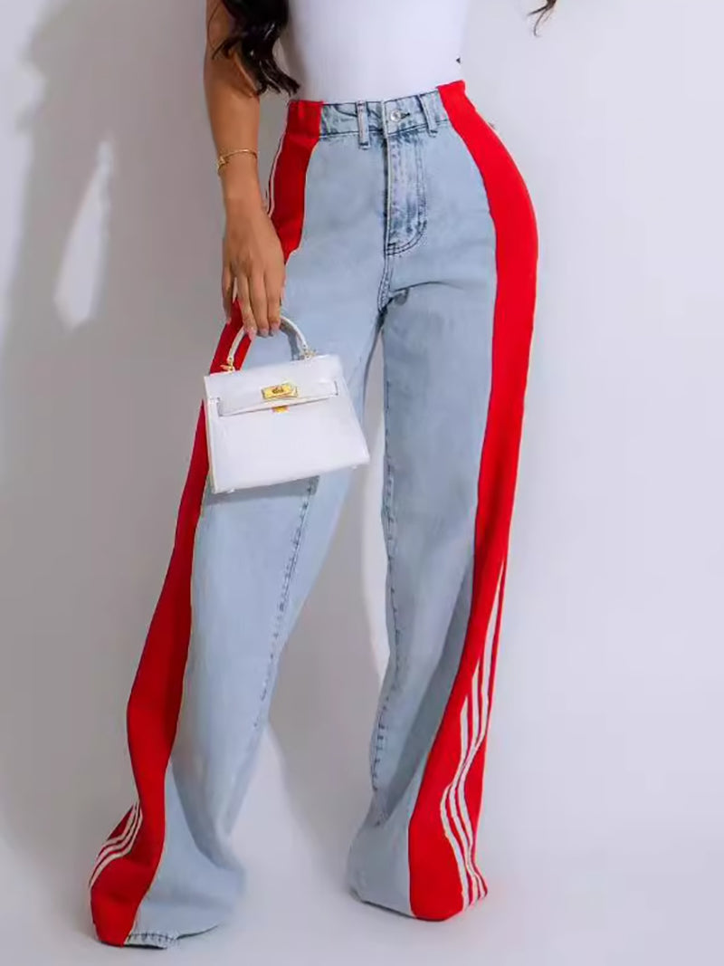 Fashion Patchwork Stripe Elastic High Waist Jeans