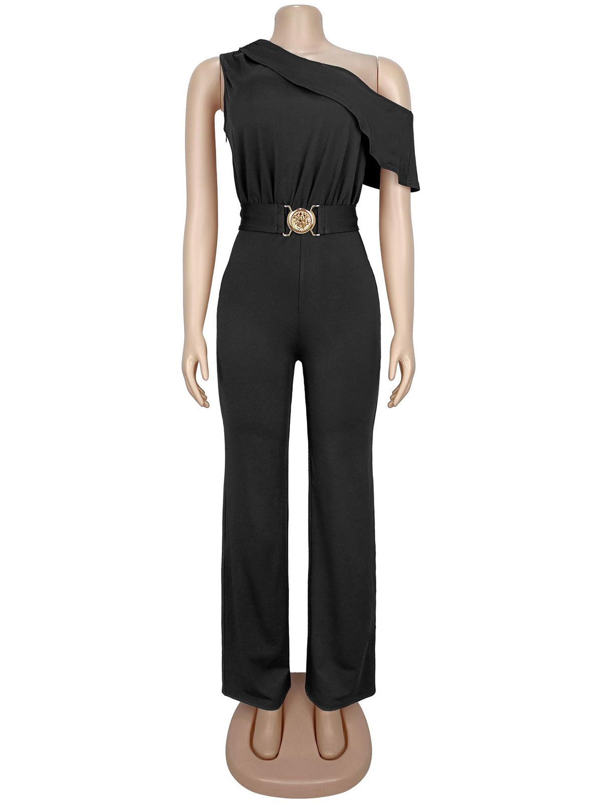 Elegant One Shoulder Neckline Cinched Waist Jumpsuit